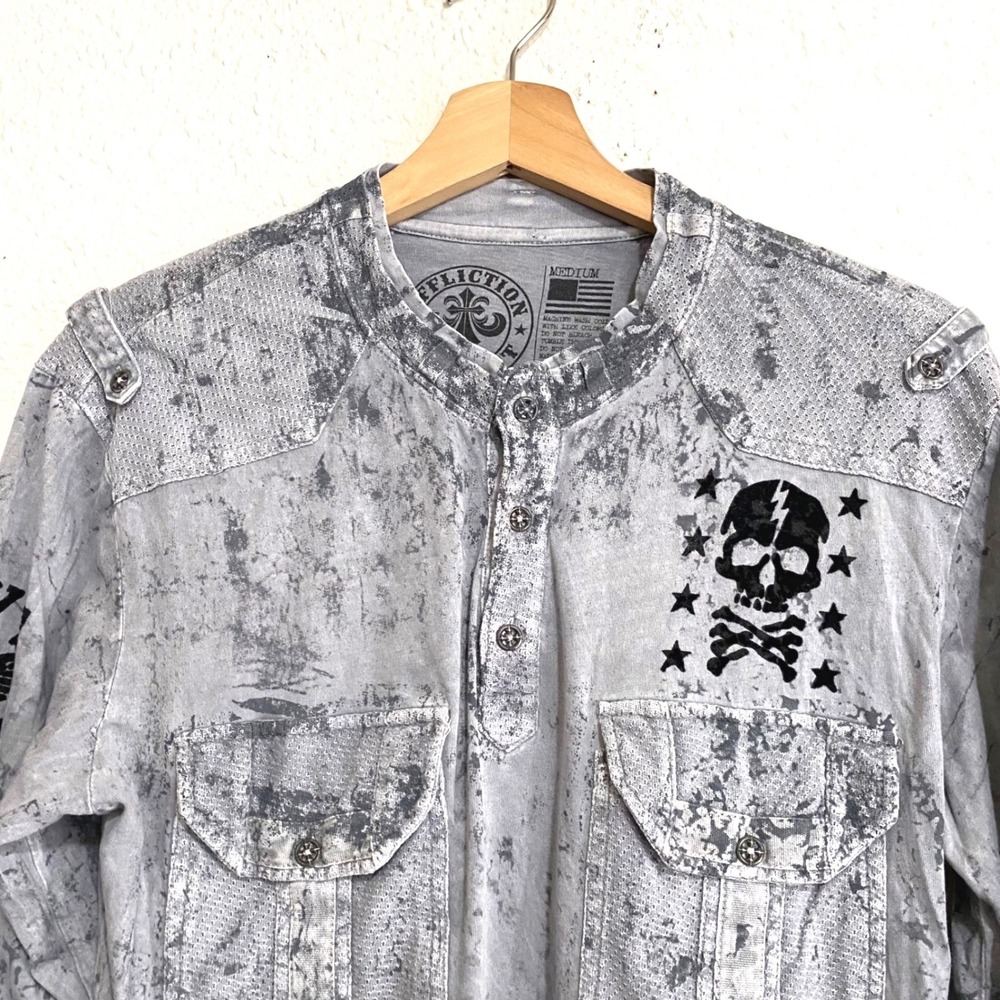 Affliction Live Fast Mens Henley Shirt Gray Death From Above Long Sleeve Medium